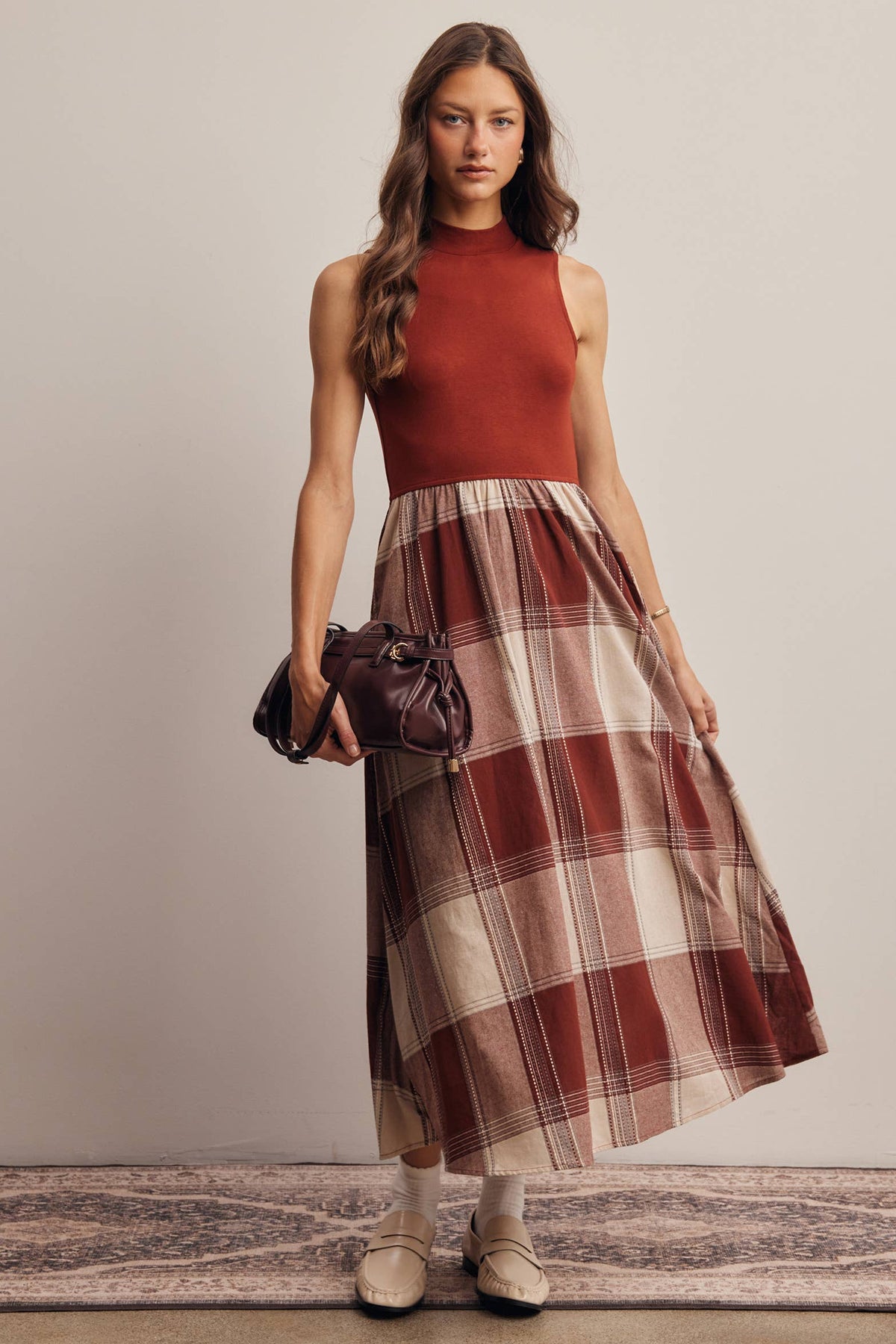 Mock Neck Mixed Media Plaid Midi Dress FD0068