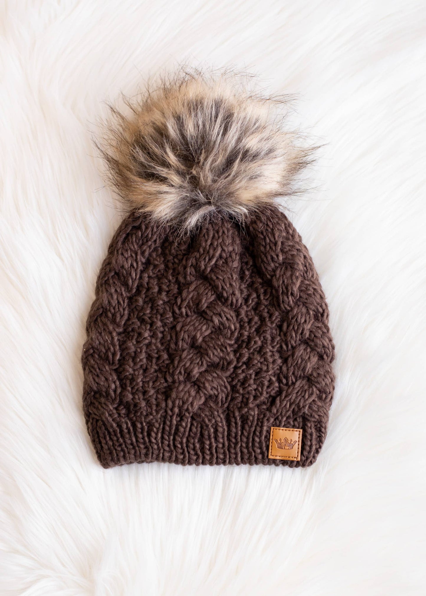 Dark Brown Cable Knit Pom Hat