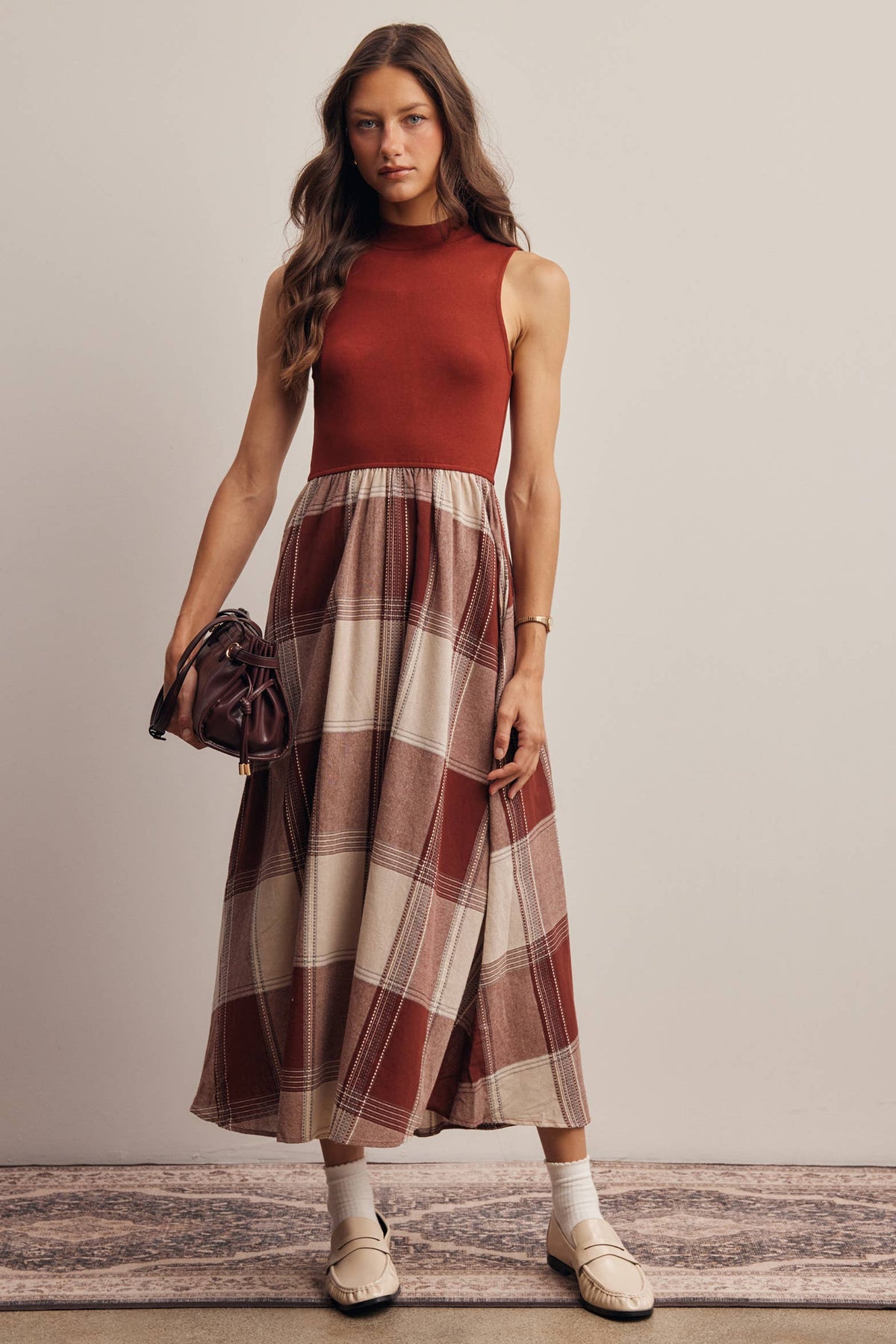 Mock Neck Mixed Media Plaid Midi Dress FD0068