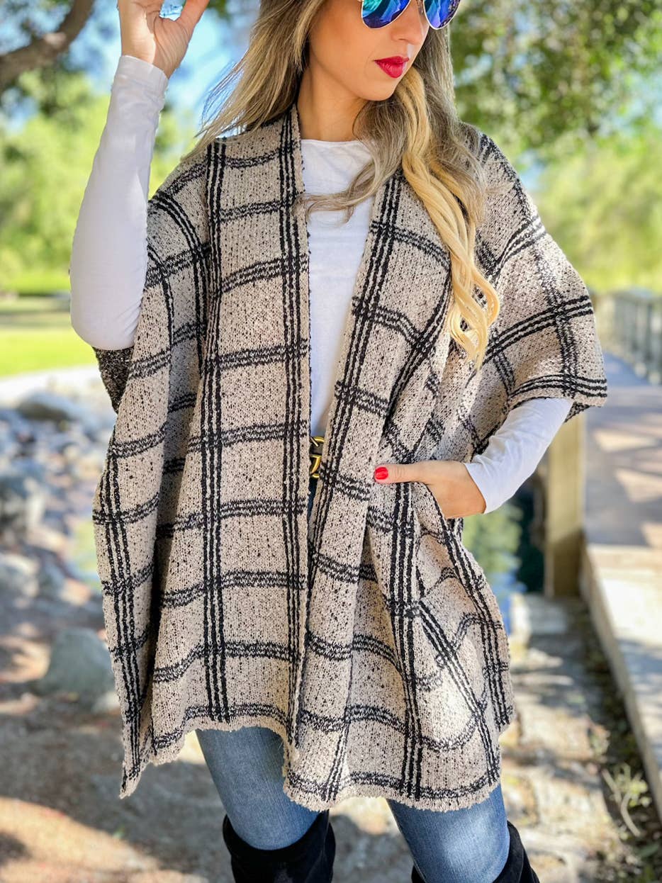 Oatmeal Plaid Knit Ruana Cardigan