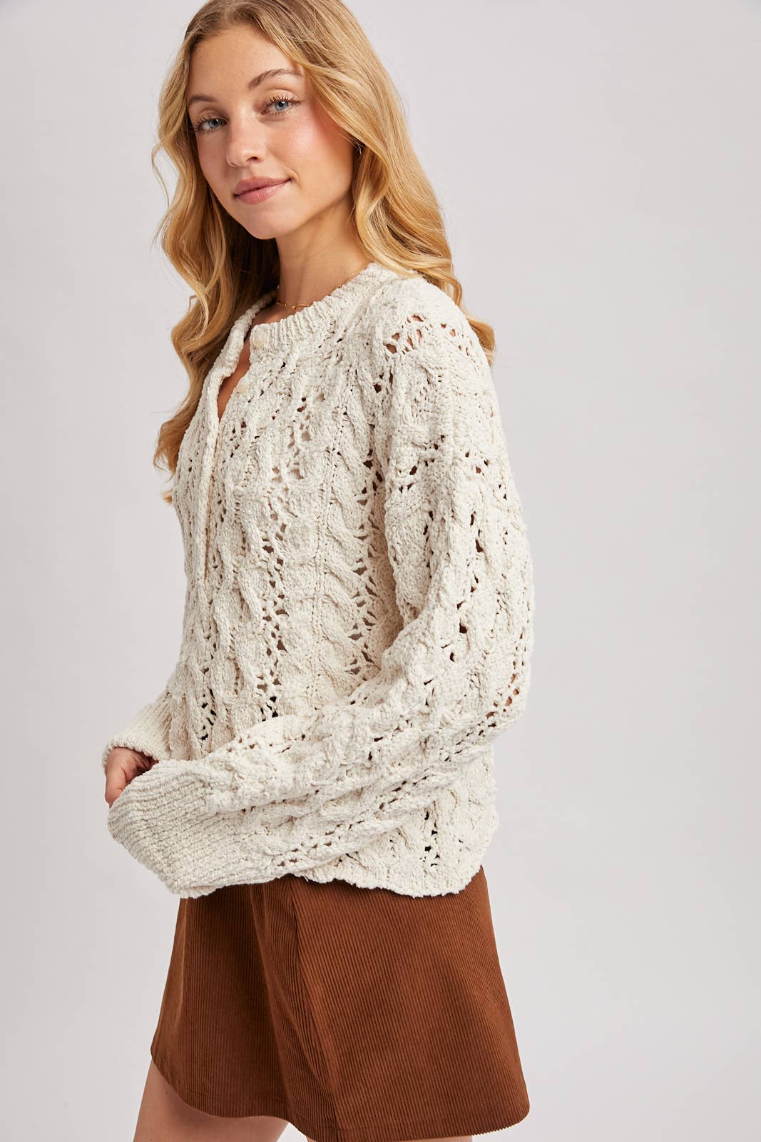 HALF-BUTTON DOWN OPEN KNIT SWEATER