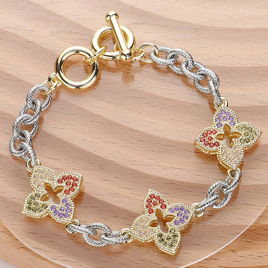 14K Gold Plated CZ Stone Paved Clover  Toggle Bracelet