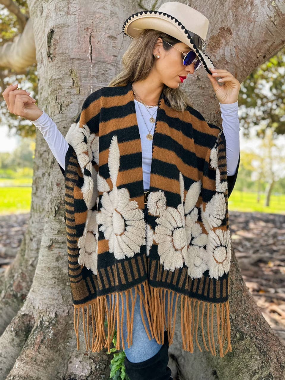 Brown Western Boho Fringe Ruana Cardigan