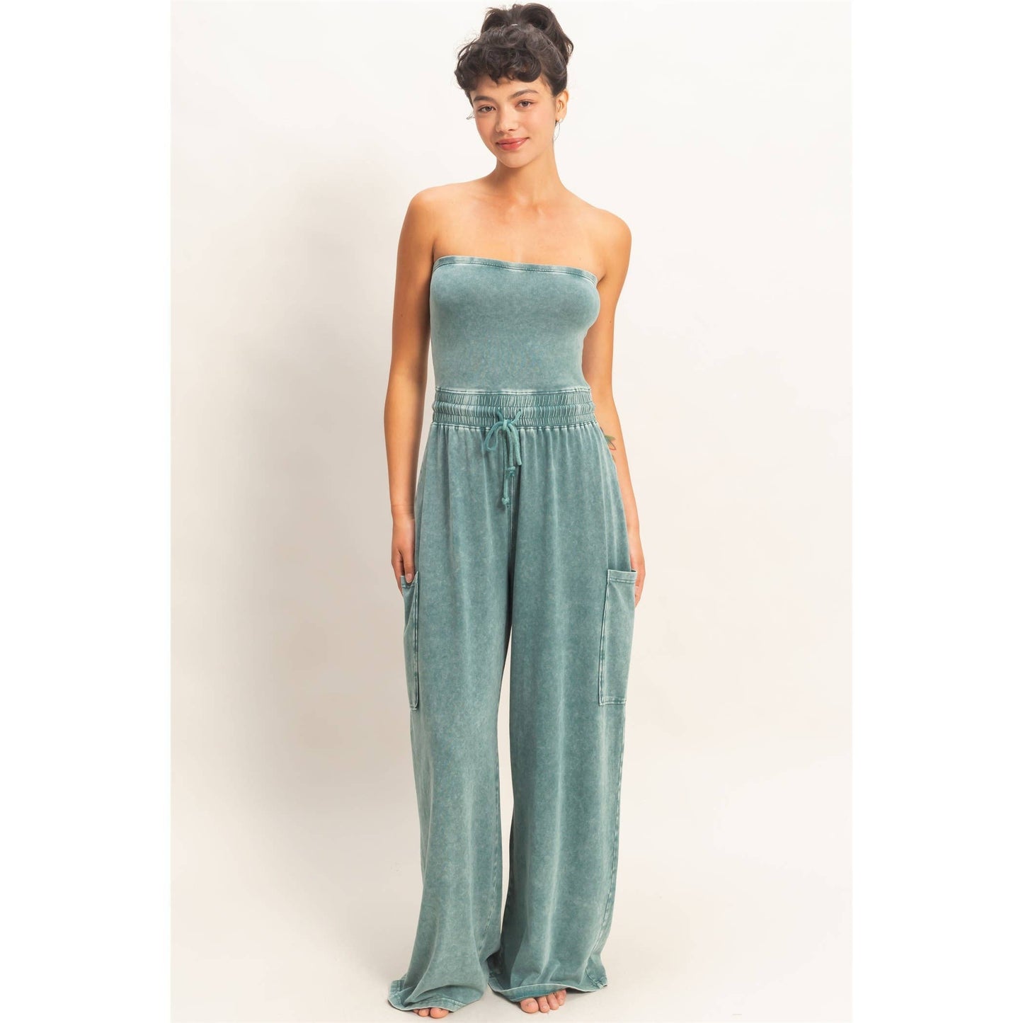 Mineral Wash Strapless Wide-Leg Jumpsuit