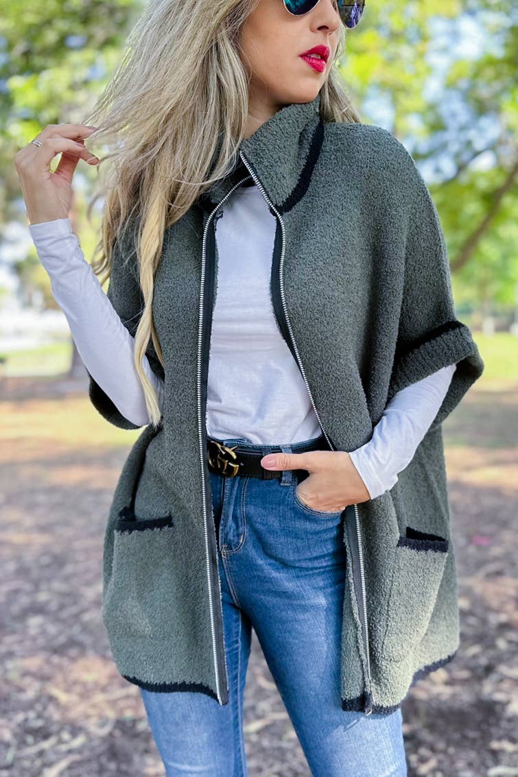 Olive Soft Knit Zip-Up Pocket Sweater Jacket