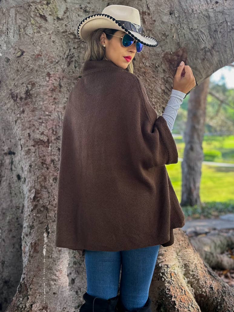 Button Neck Knit Cape Ruana Cardigan – Cozy Wrap