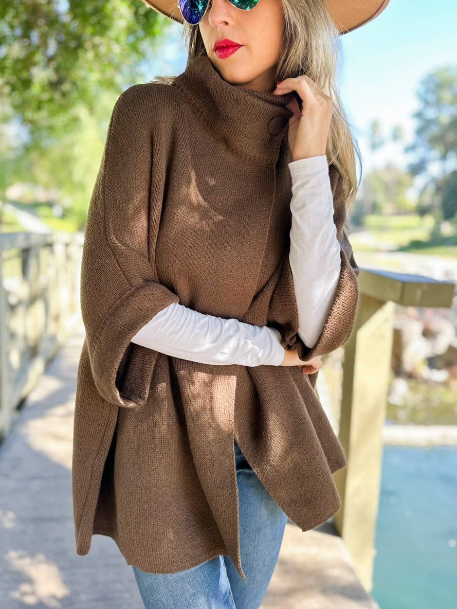 Button Neck Knit Cape Ruana Cardigan – Cozy Wrap