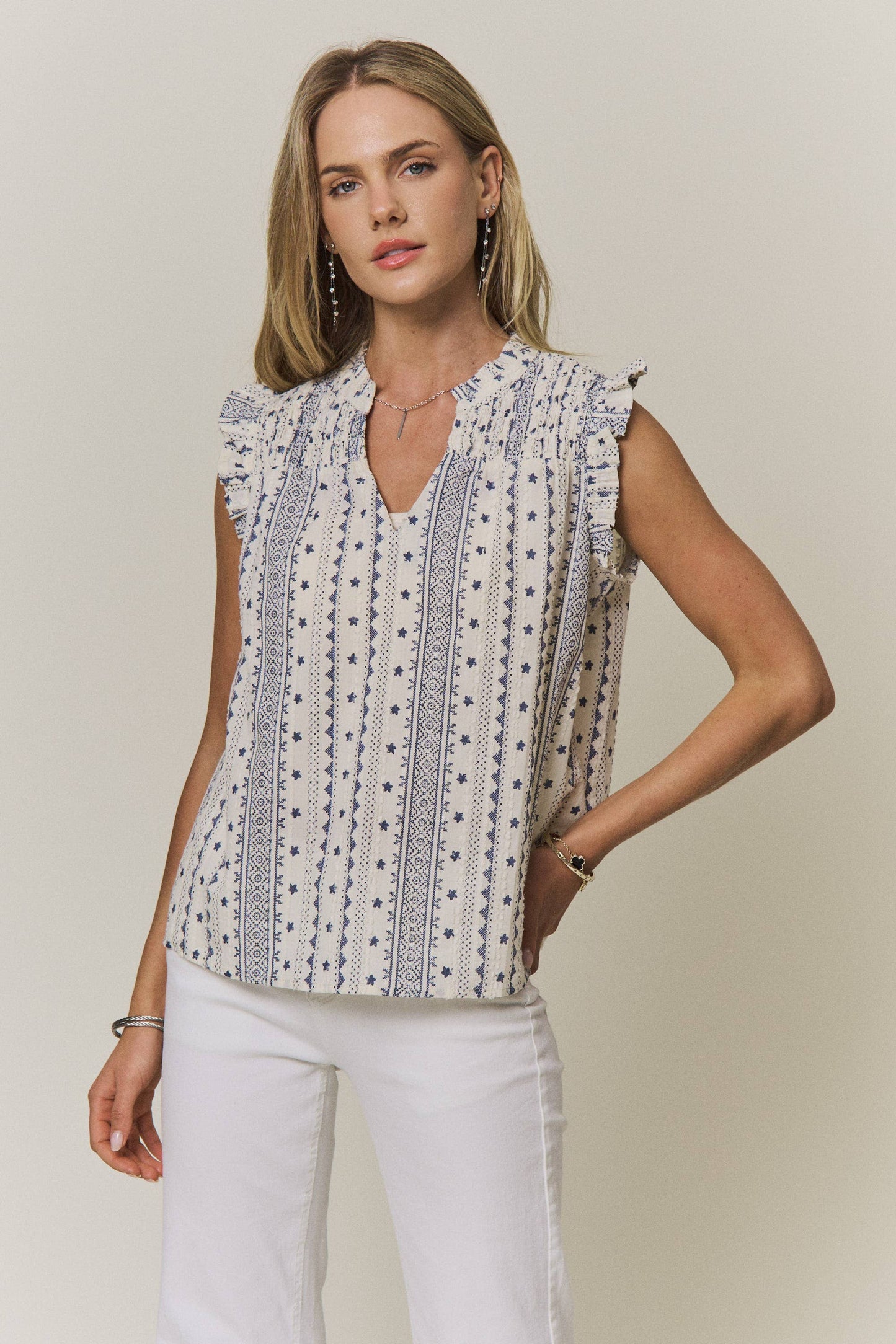 BOHO PRINT RUFFLE CAP SLEEVE BLOUSE - CET4357