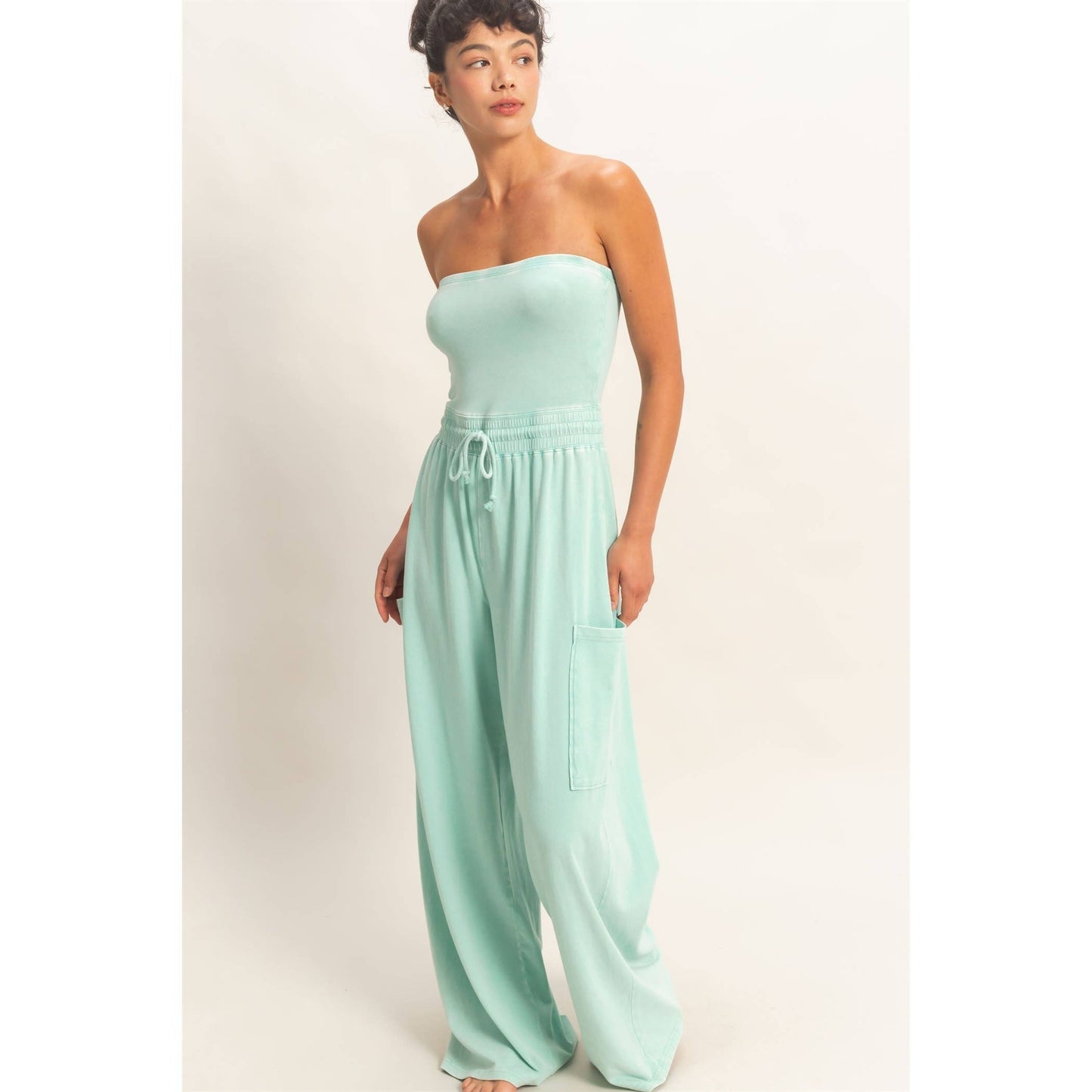 Mineral Wash Strapless Wide-Leg Jumpsuit