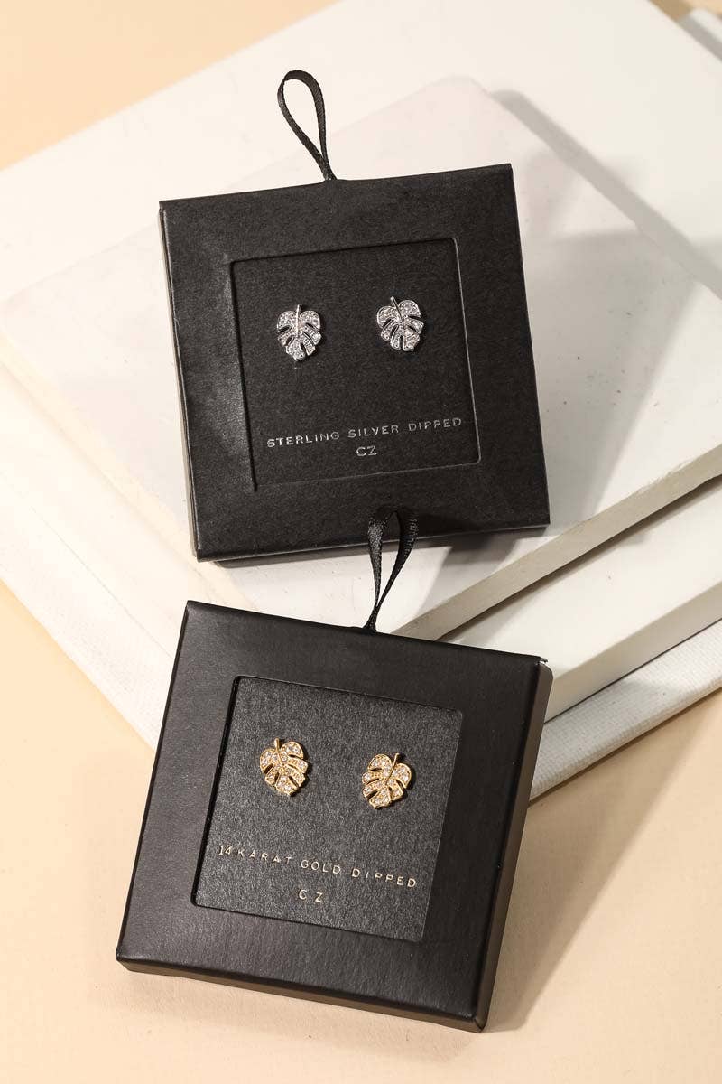 Secret Box Pave Monstera Leaf Stud Earrings