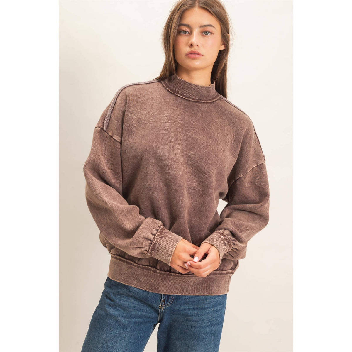 Acid Washed Mock Neck Sweatshirt