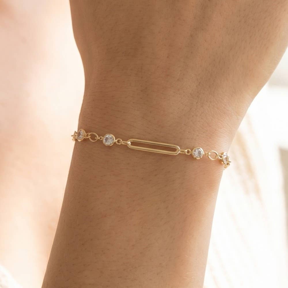 Bar & Round Cz Bezel Station Chain Bracelet