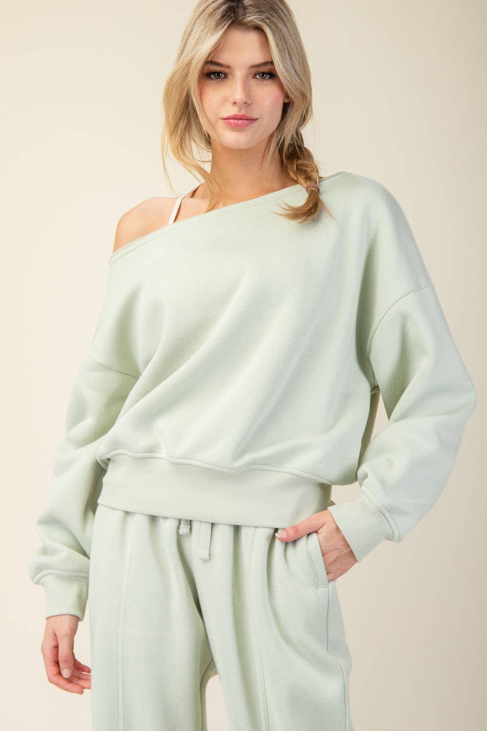 FRENCH TERRY FLEECE OFF SHOULDER TOP