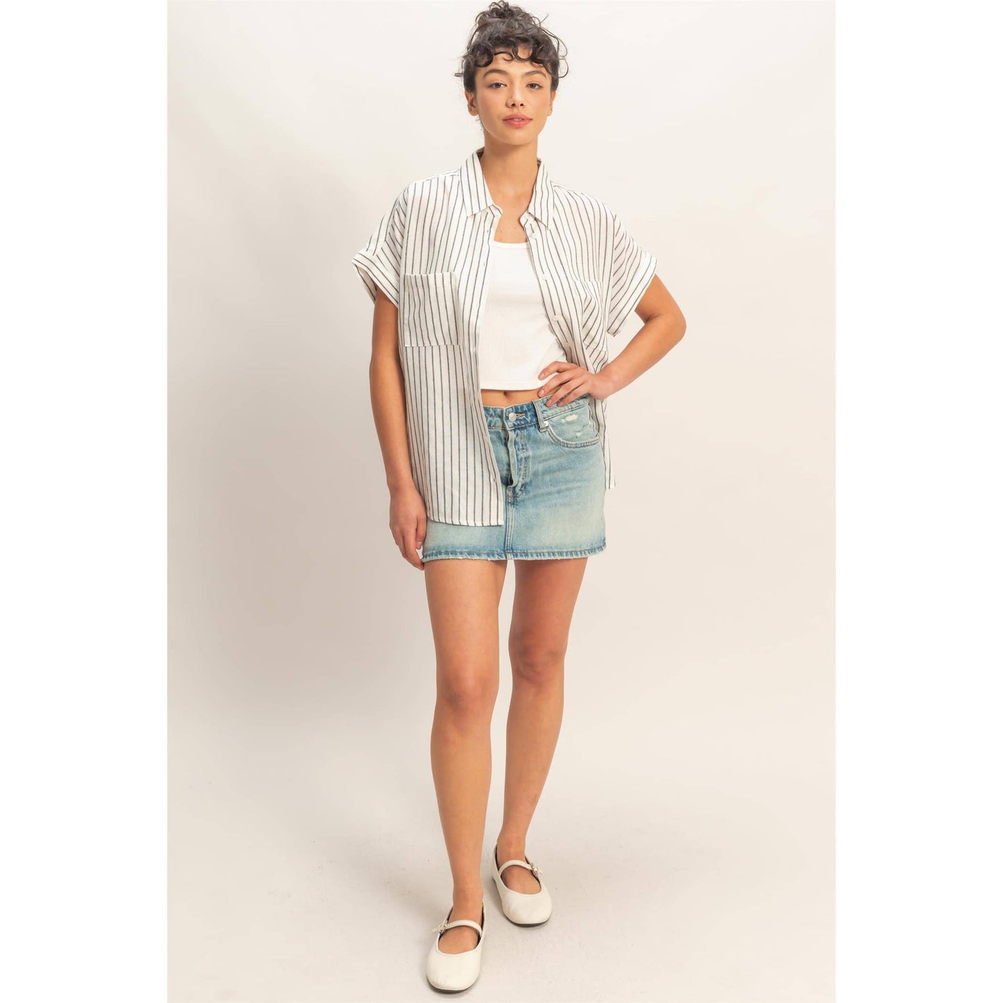 Striped Button-Up Dolman Sleeve Shirt