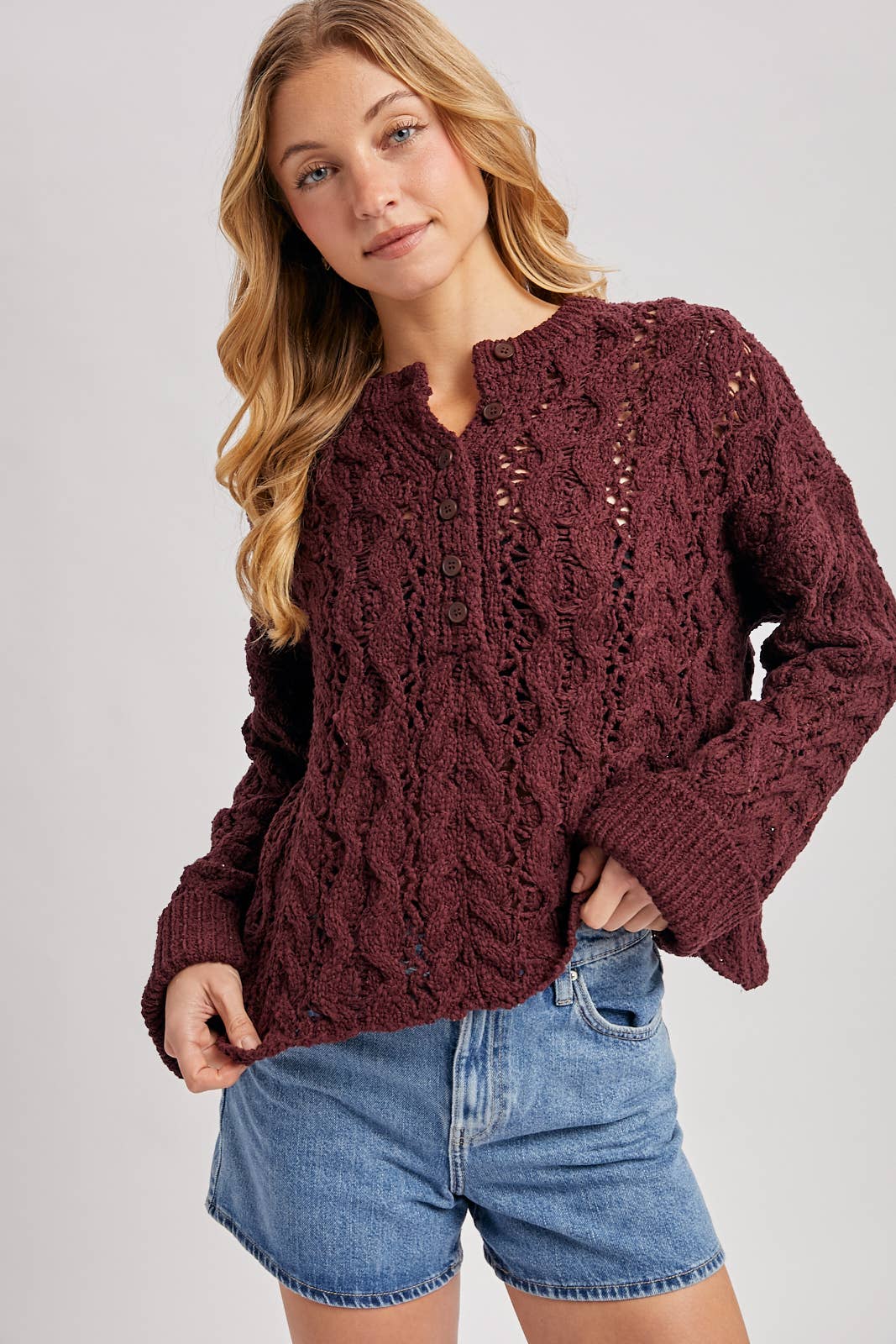 HALF-BUTTON DOWN OPEN KNIT SWEATER