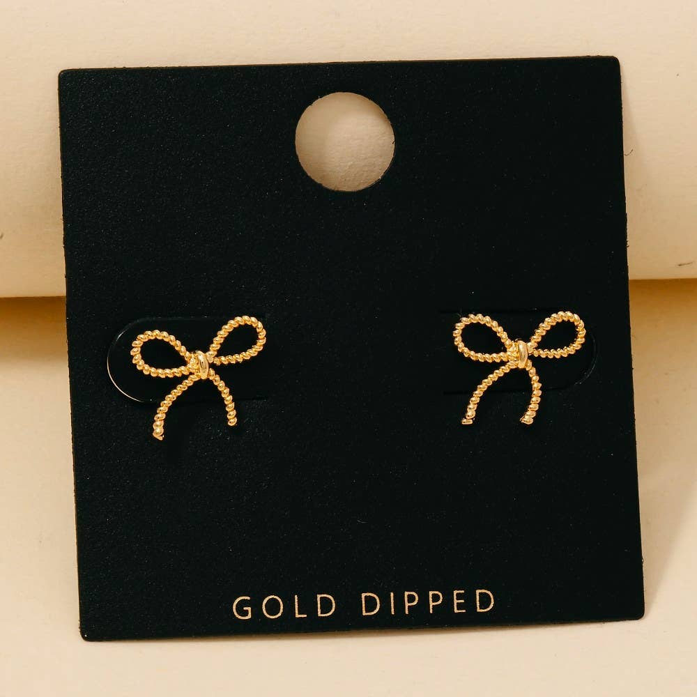 Gold Dipped Ribbon Bow Stud Earrings