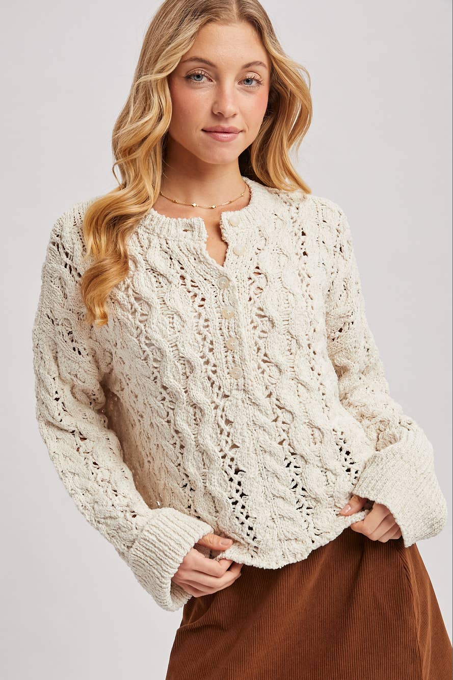 HALF-BUTTON DOWN OPEN KNIT SWEATER
