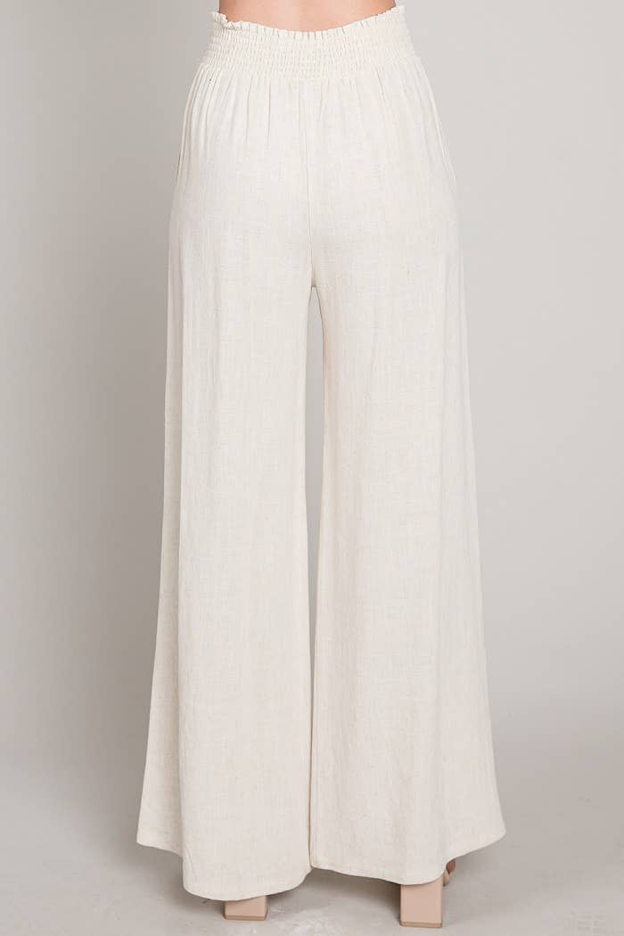 Soft Linen Smocked Waist Wide Leg Pants