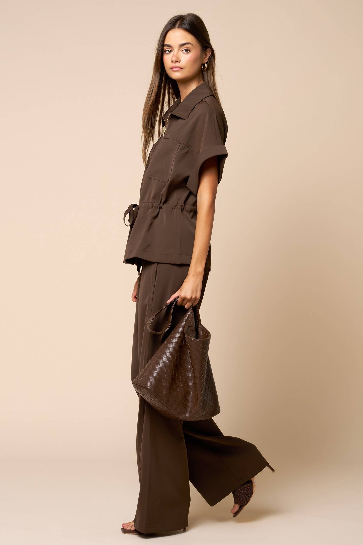 Front Zipper Closure Collared Drawstring Blouse
