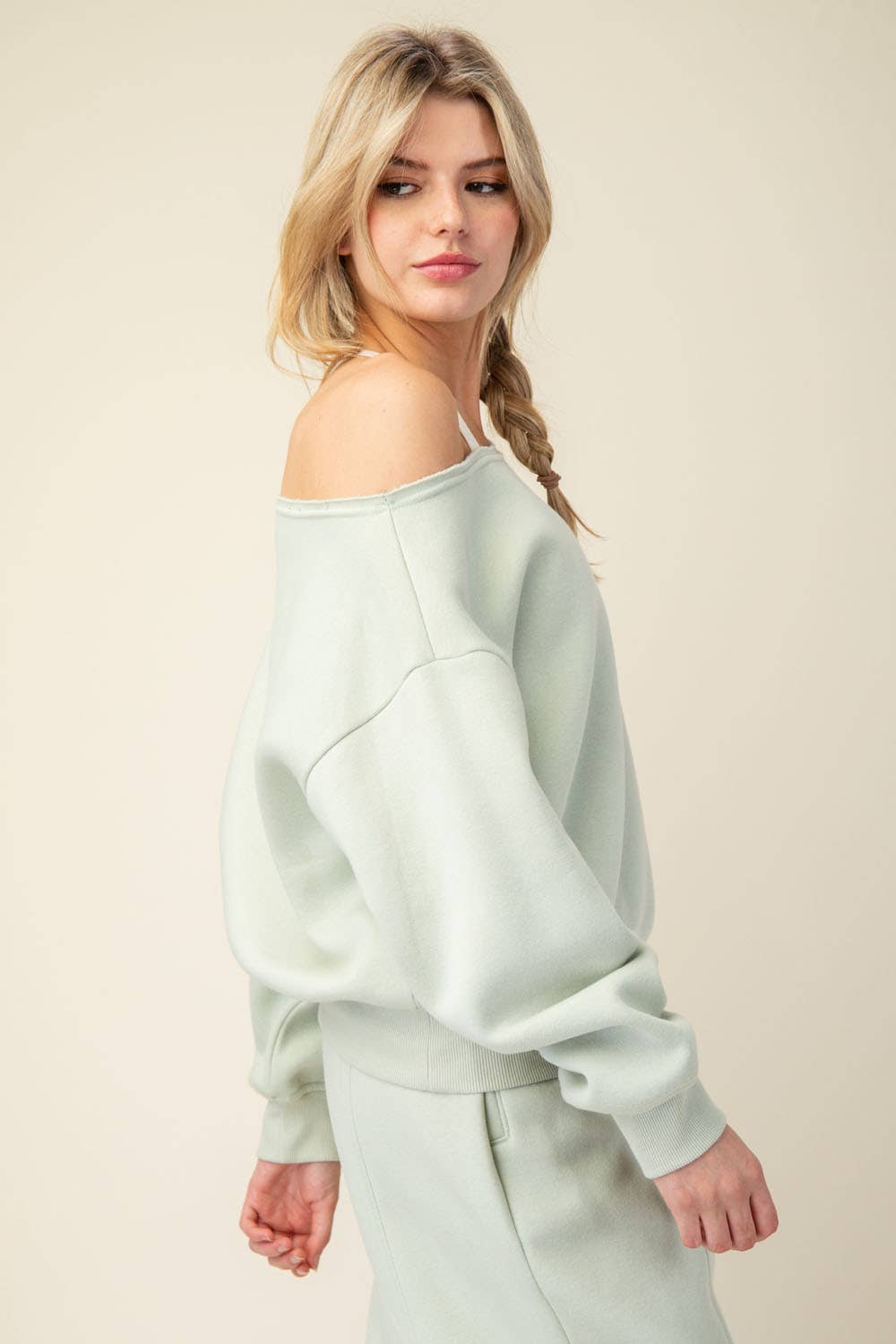FRENCH TERRY FLEECE OFF SHOULDER TOP