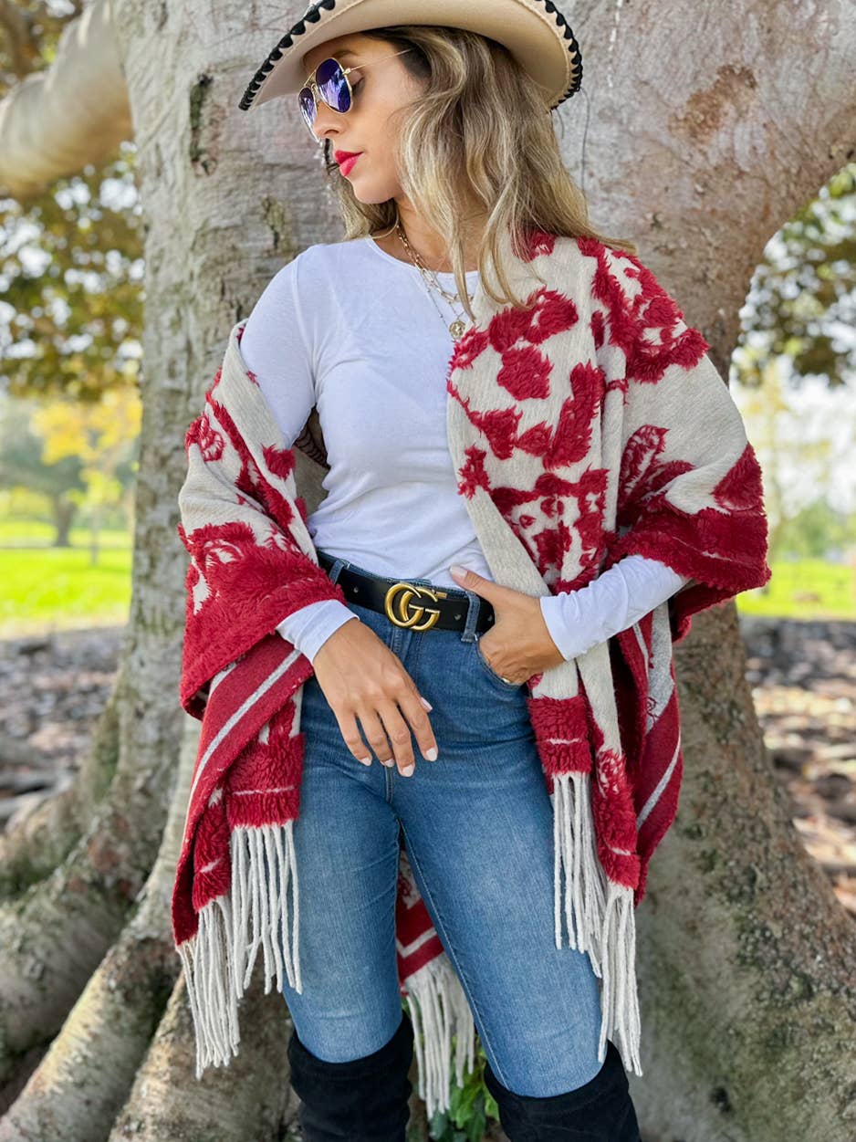 Red Western Boho 3D Fringe Ruana Cardigan