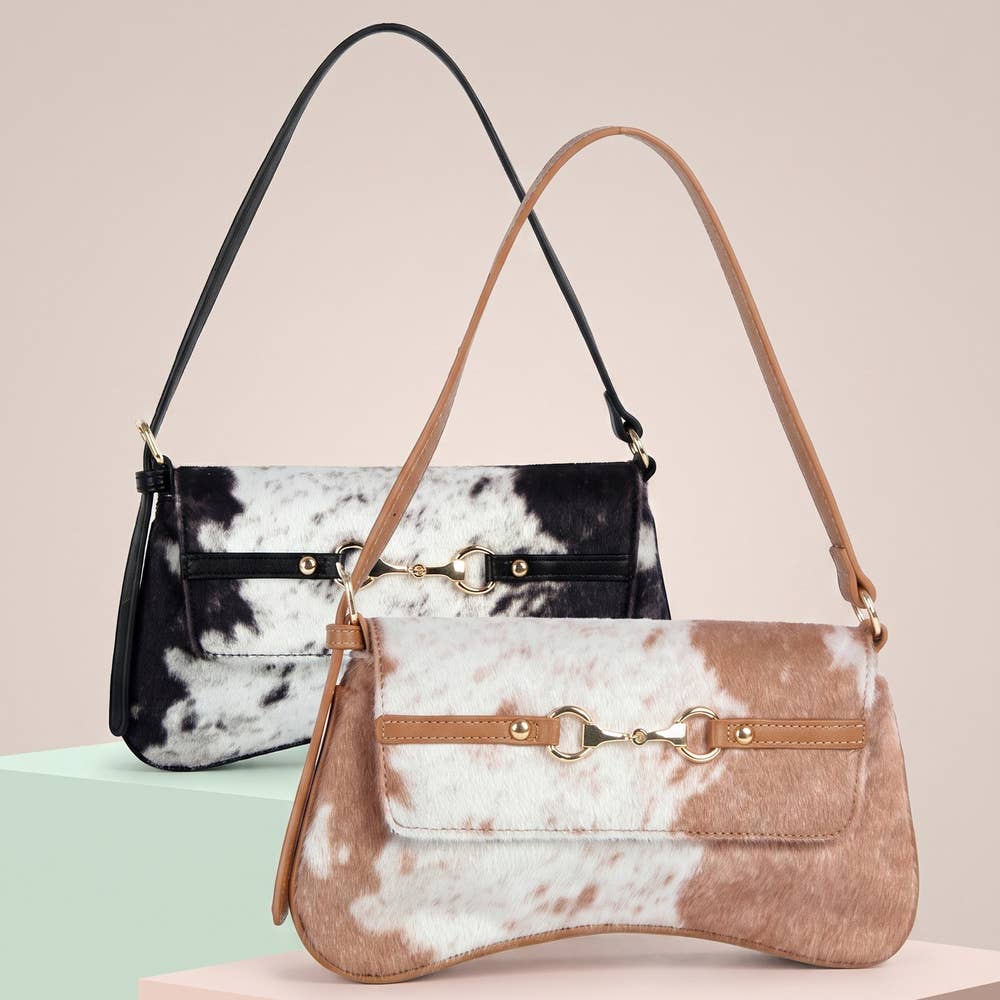 Cow Print Horsebit Flap Shoulder Bag