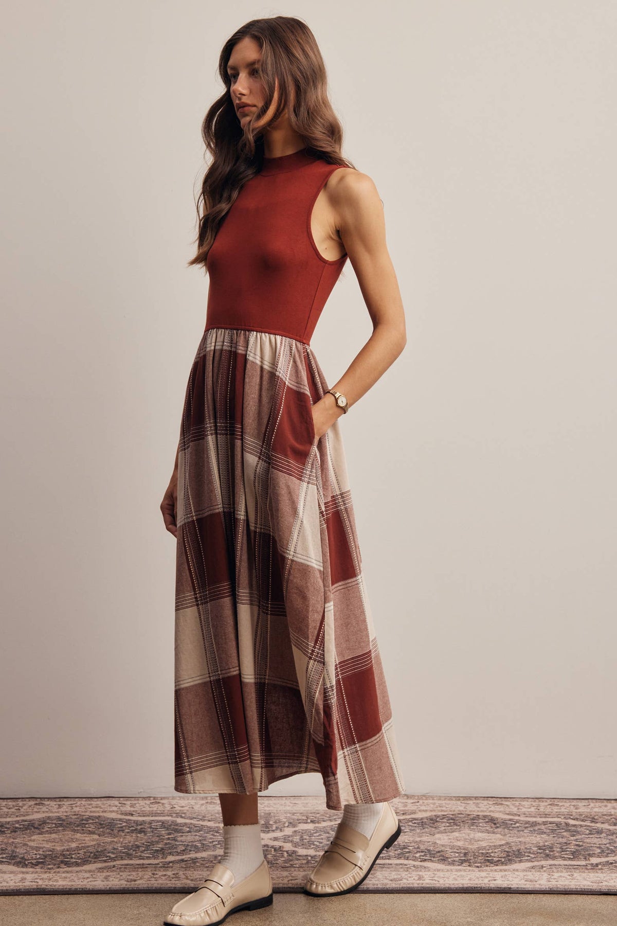 Mock Neck Mixed Media Plaid Midi Dress FD0068