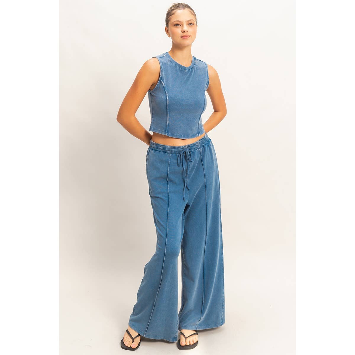 Mineral Washed Sleeveless Top & Wide Leg Pants Set