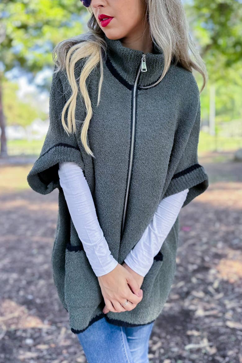 Olive Soft Knit Zip-Up Pocket Sweater Jacket