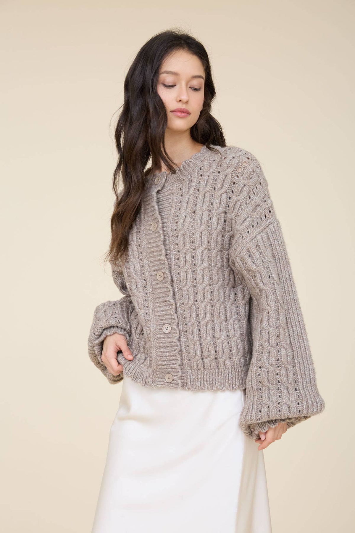 EYELET CABLE KNIT SCALLOPED TRIM KNIT CARDIGAN