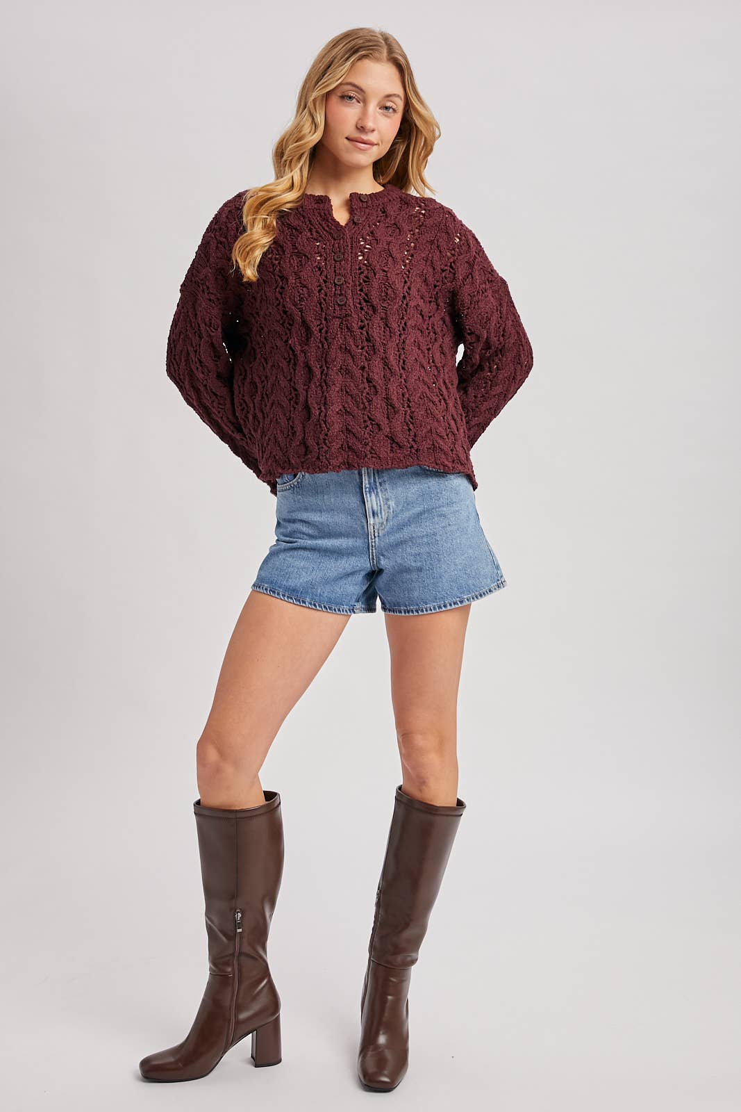 HALF-BUTTON DOWN OPEN KNIT SWEATER