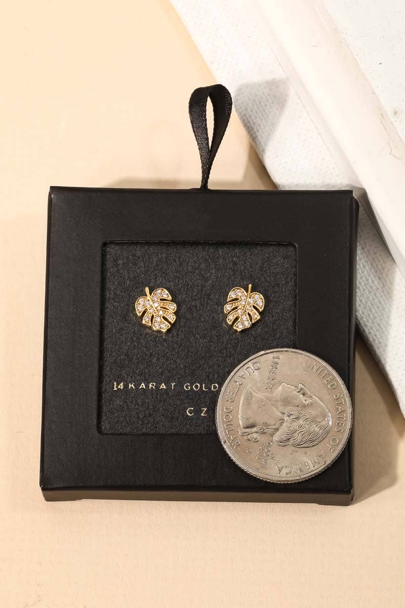 Secret Box Pave Monstera Leaf Stud Earrings
