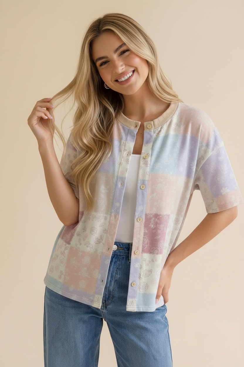 Crew Neck Button Down Patchwork Cardigan