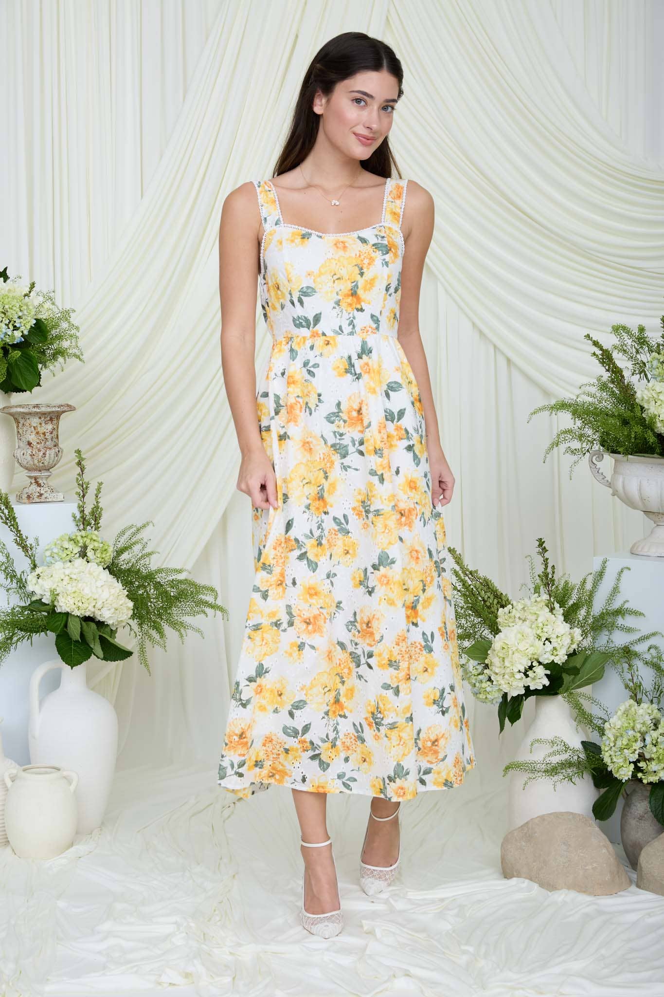 FLORAL EYELET PATTERN SCALLOP LACE TRIM MIDI DRESS