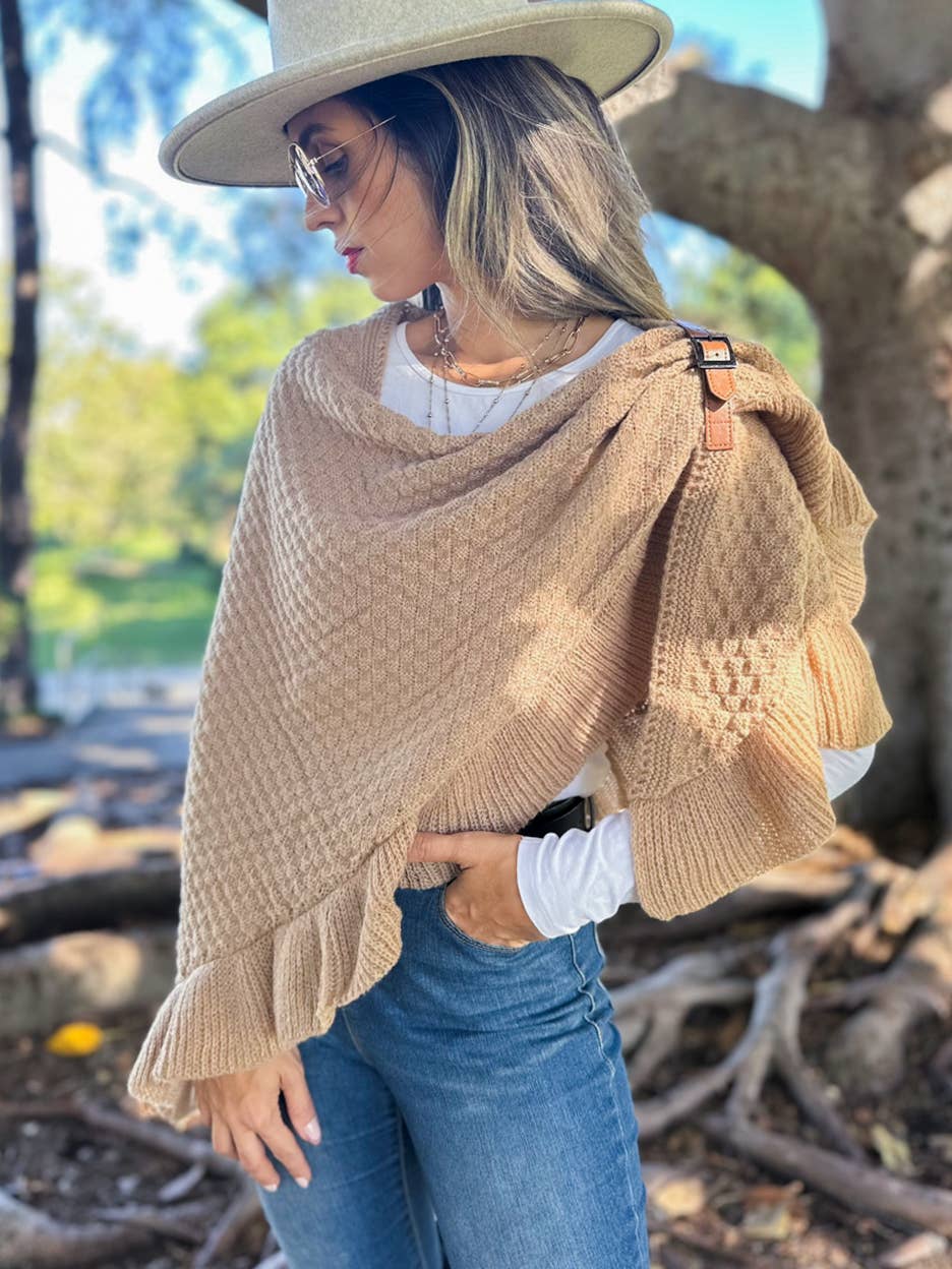 Taupe Boho Triangle Ruffle Shawl with Faux Leather Buckle