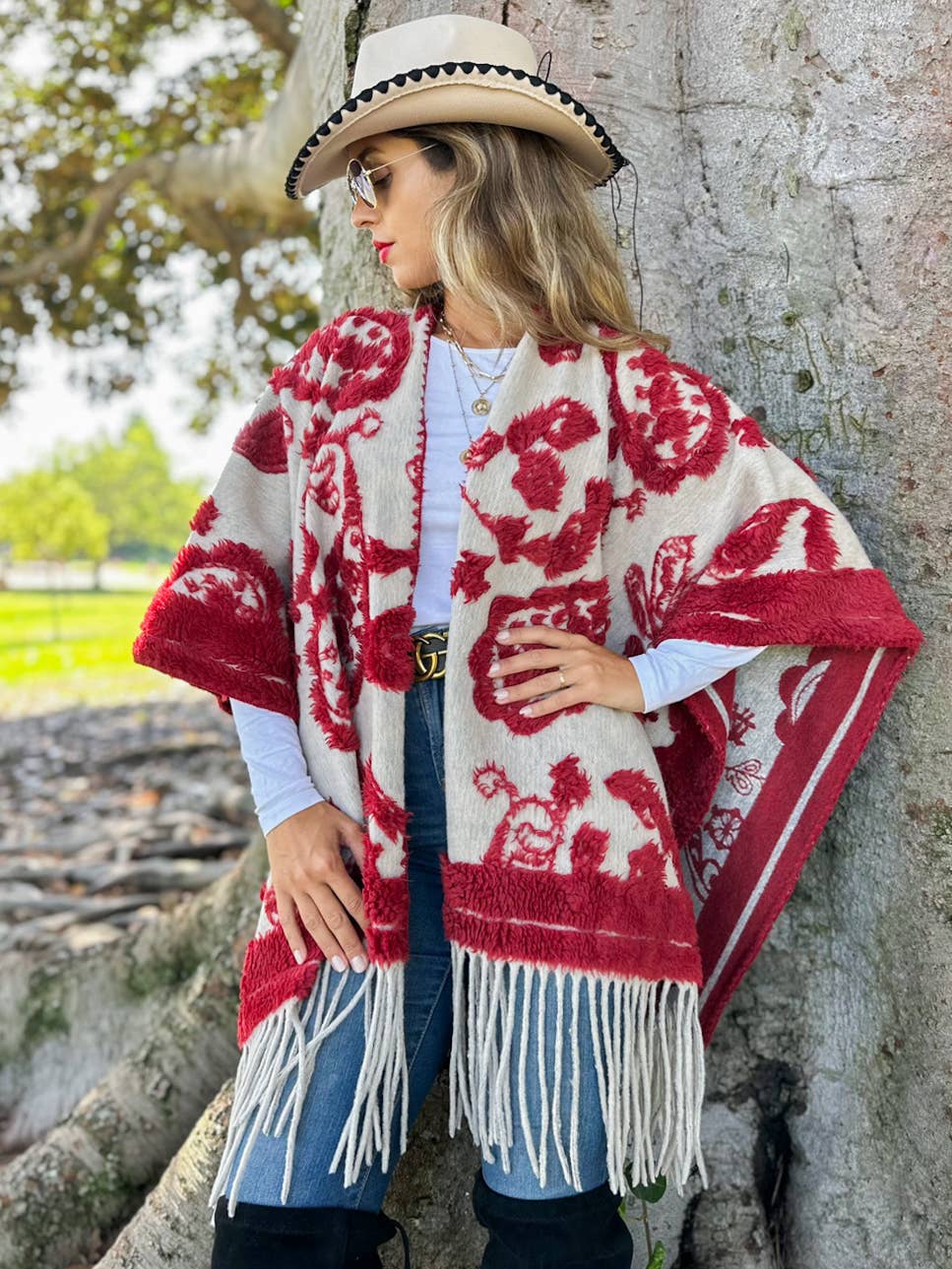 Red Western Boho 3D Fringe Ruana Cardigan
