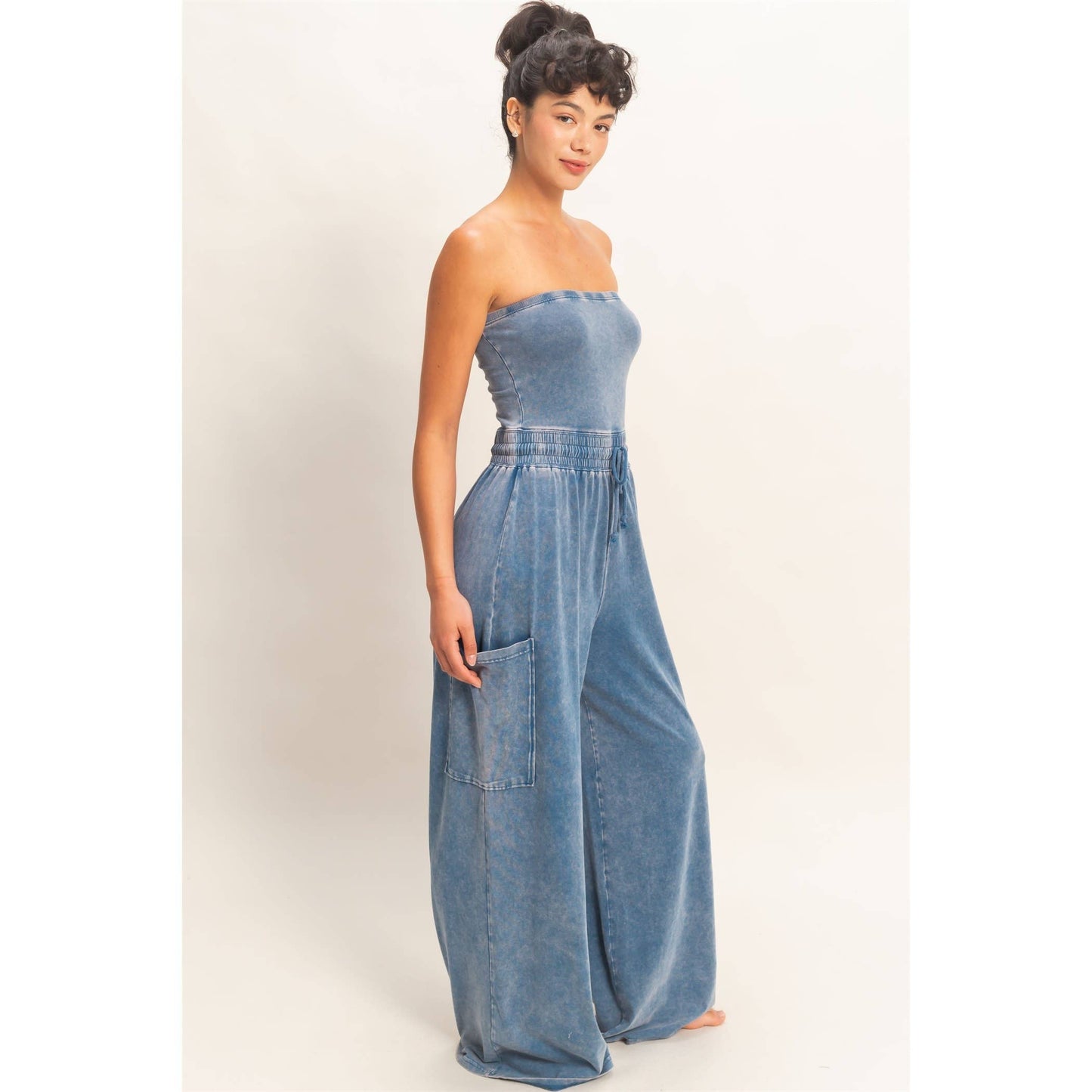 Mineral Wash Strapless Wide-Leg Jumpsuit