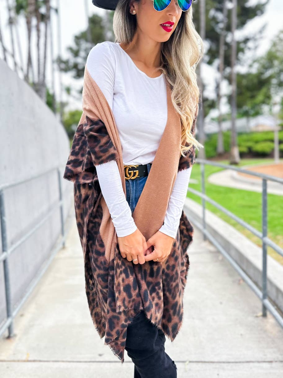 Camel Chic Leopard Print Cutedge Lightweight Ruana Cardigan