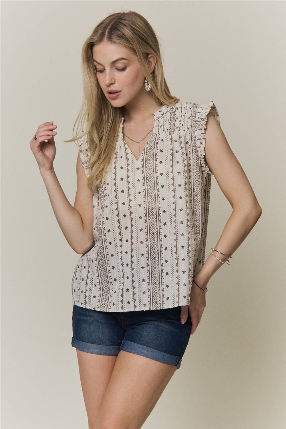 BOHO PRINT RUFFLE CAP SLEEVE BLOUSE - CET4357