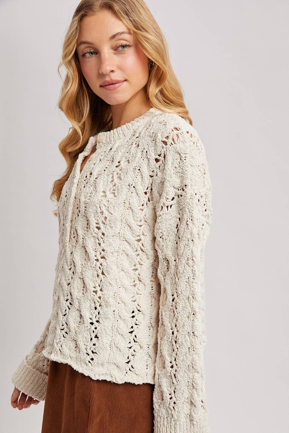 HALF-BUTTON DOWN OPEN KNIT SWEATER