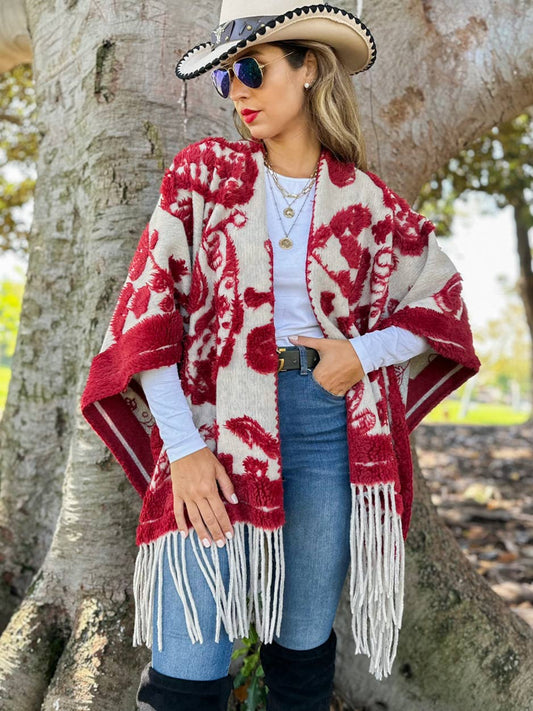 Red Western Boho 3D Fringe Ruana Cardigan