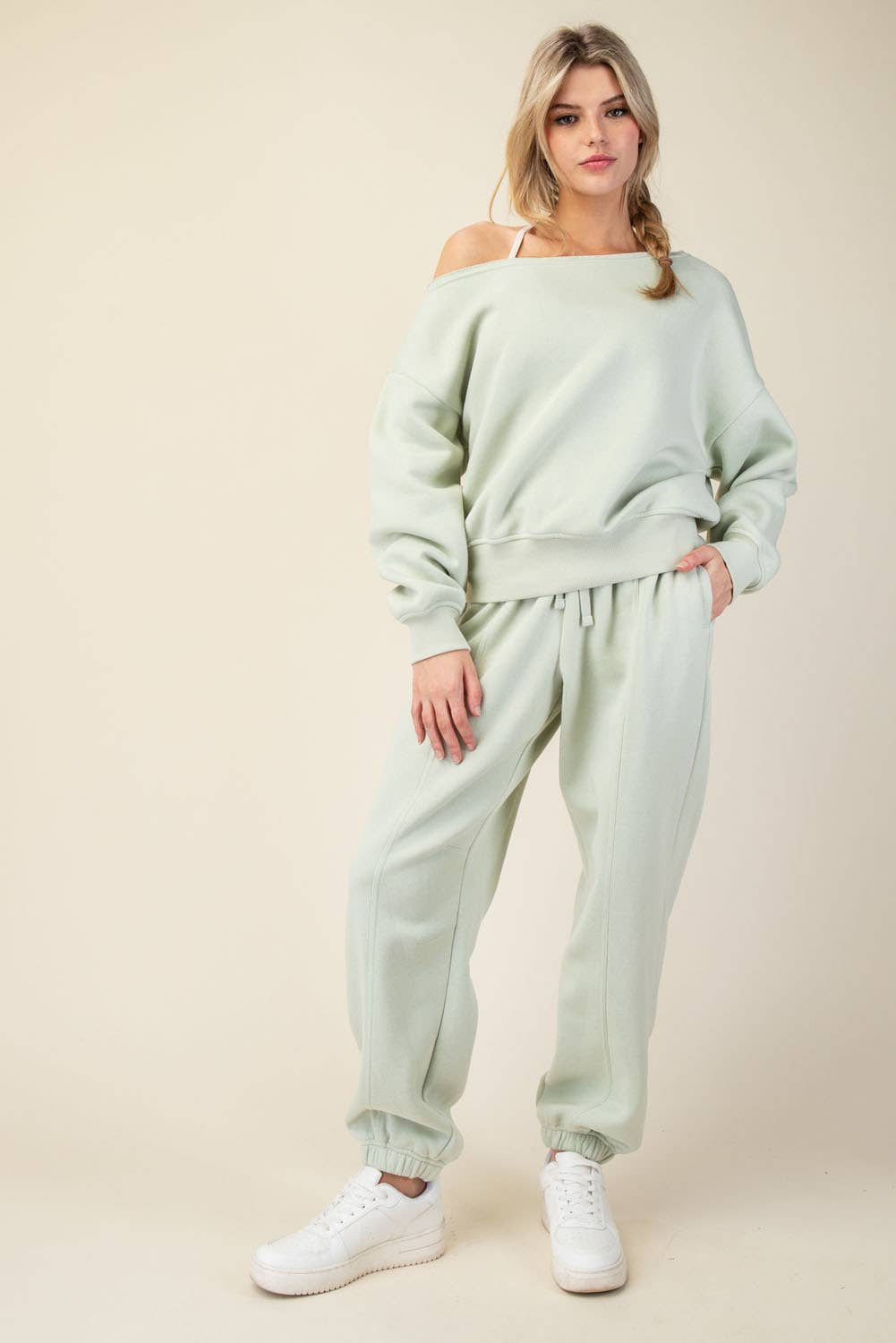 FRENCH TERRY FLEECE OFF SHOULDER TOP