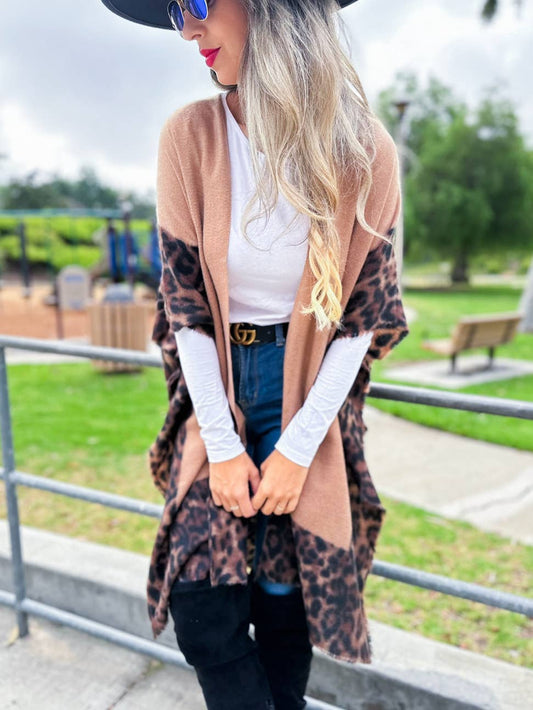 Camel Chic Leopard Print Cutedge Lightweight Ruana Cardigan