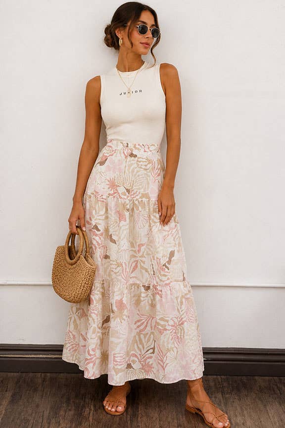 Tropical Print Tiered Maxi Skirt