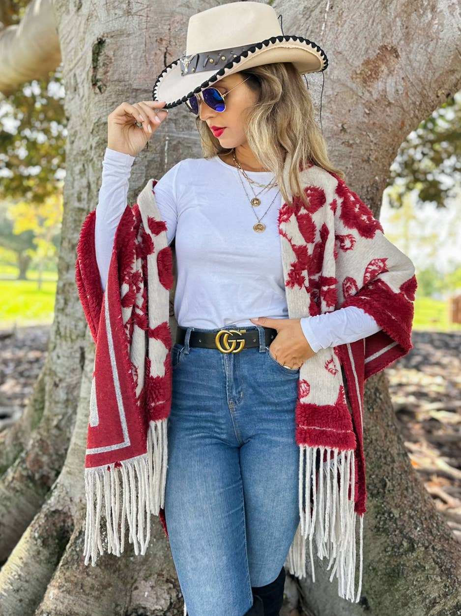 Red Western Boho 3D Fringe Ruana Cardigan