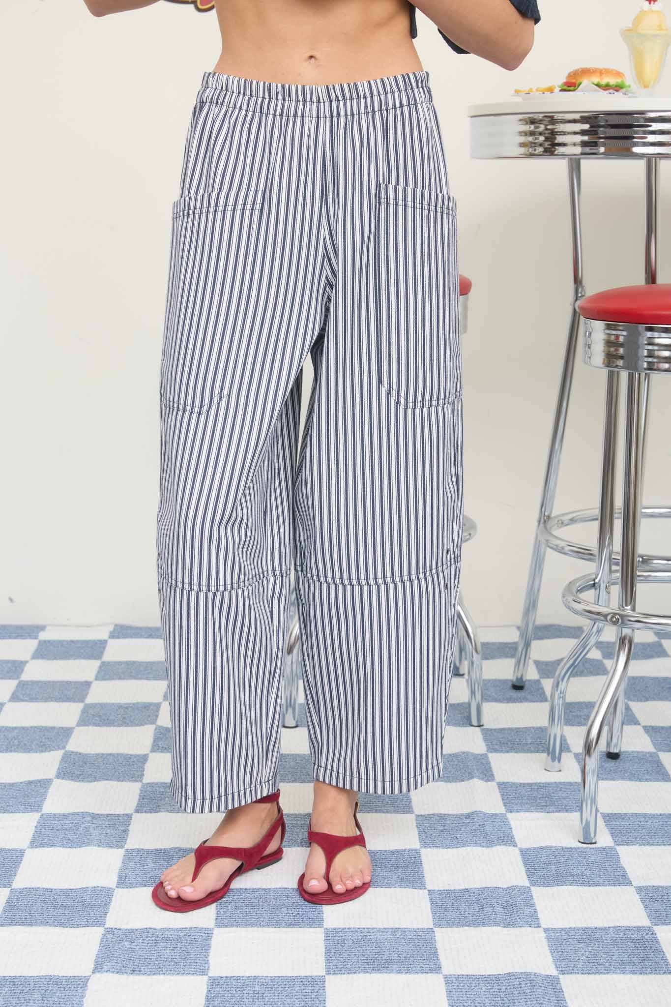 STRIPE POCKET DETAIL WIDE LEG PANTS