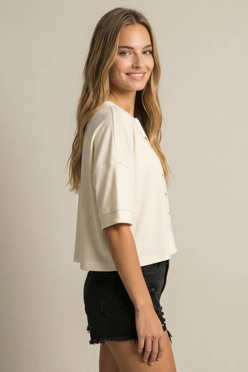 ROUND NECK BUTTON DOWN CARDIGAN STYLE BOXY KNIT TOP - 45700T