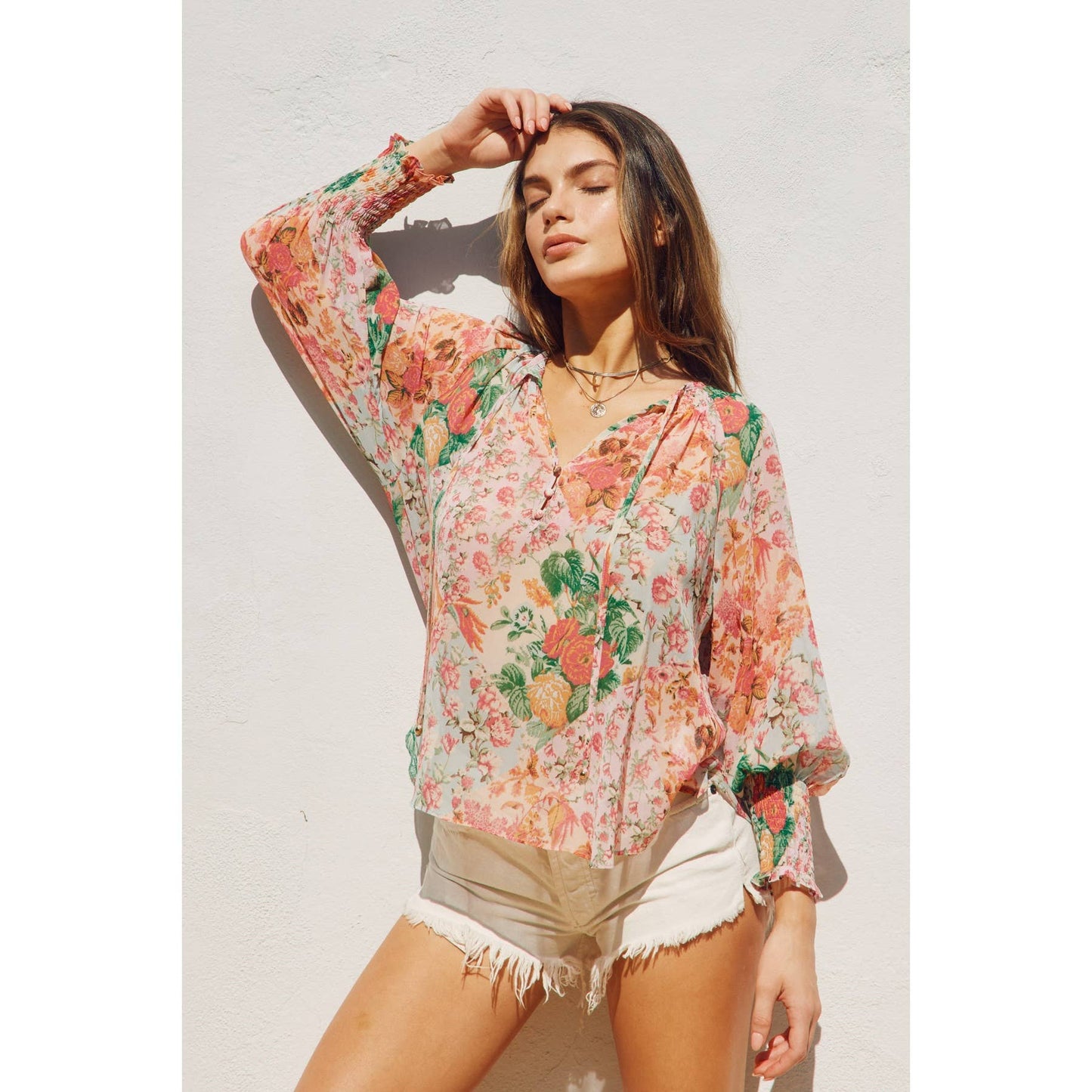 Flower Patch Smocked Neckline Flowy Blouse