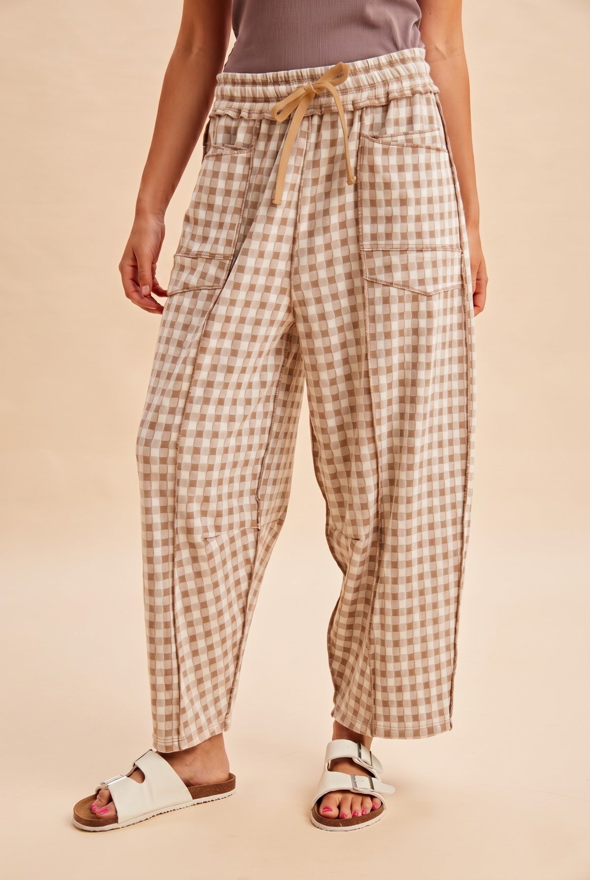 Brushed check knit pants
