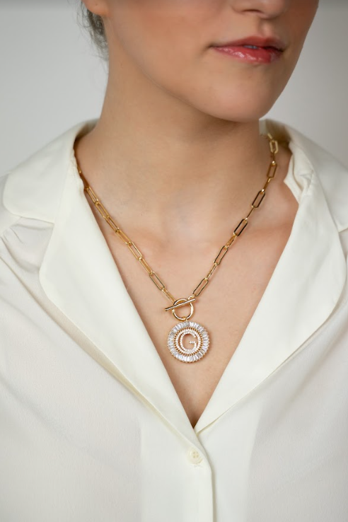 Paperclip Chain Radiant Initial Necklace: Gold